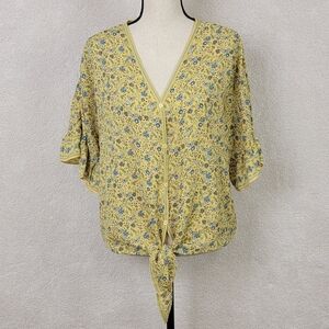 Max Studio Boho Yellow Floral Tie Front Button Down Ruffle Sleeve Blouse L NEW